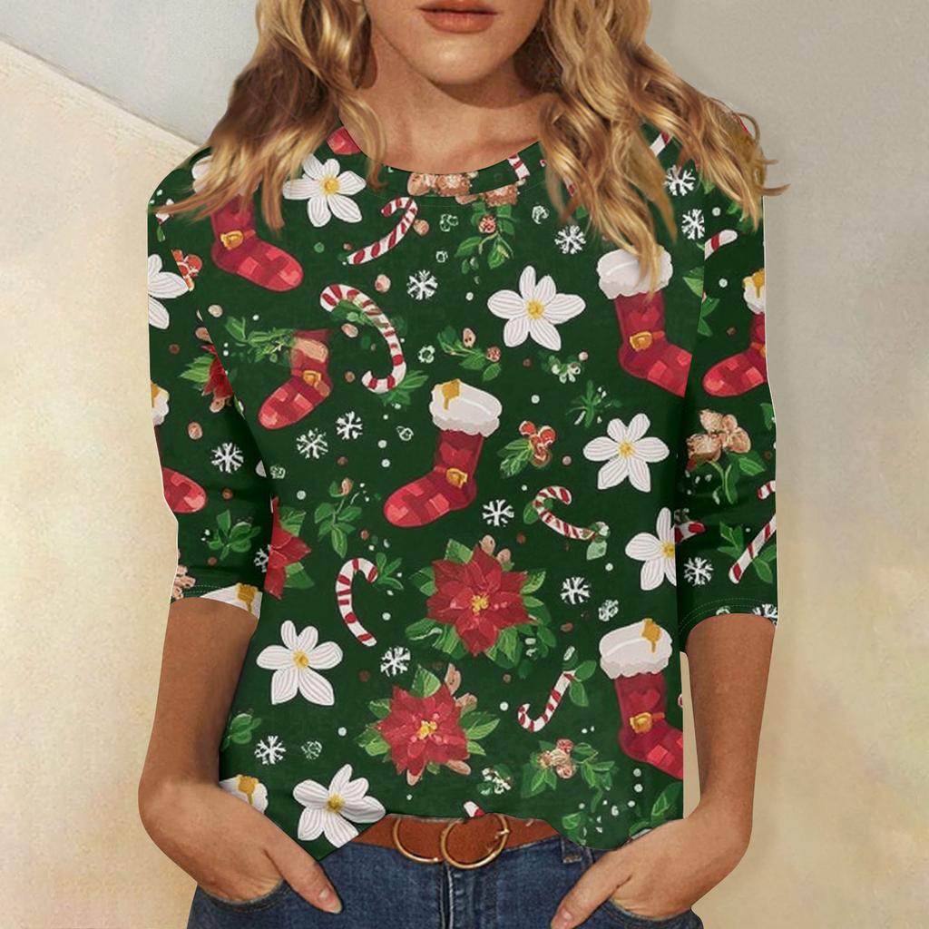 Damen Casual Mode Weihnachts-Print Dreiviertelarm Oberteil