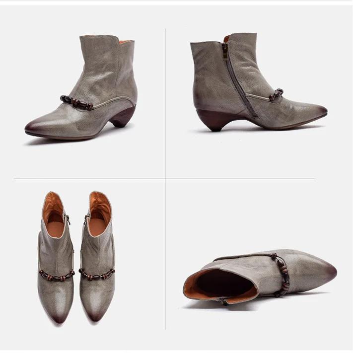 Johnature Genuine Leather Pointed Toe Ankle Boots Fashionable Versatile Mid Heeled Women's Shoes