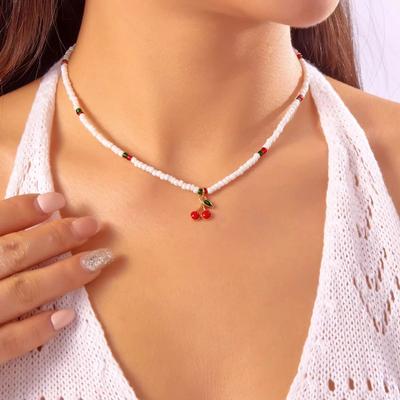 Lovely Cherry Pendant Rice Beads Choker Necklace for Women Fashion Simple Starfish Strawberry  Clavicle Chain Party Zircon Gift