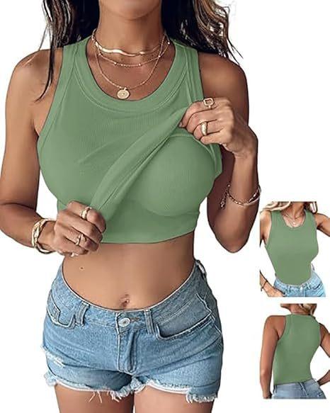Women S Round Neck Solid Color Tank Top With Built In Bra For Summer