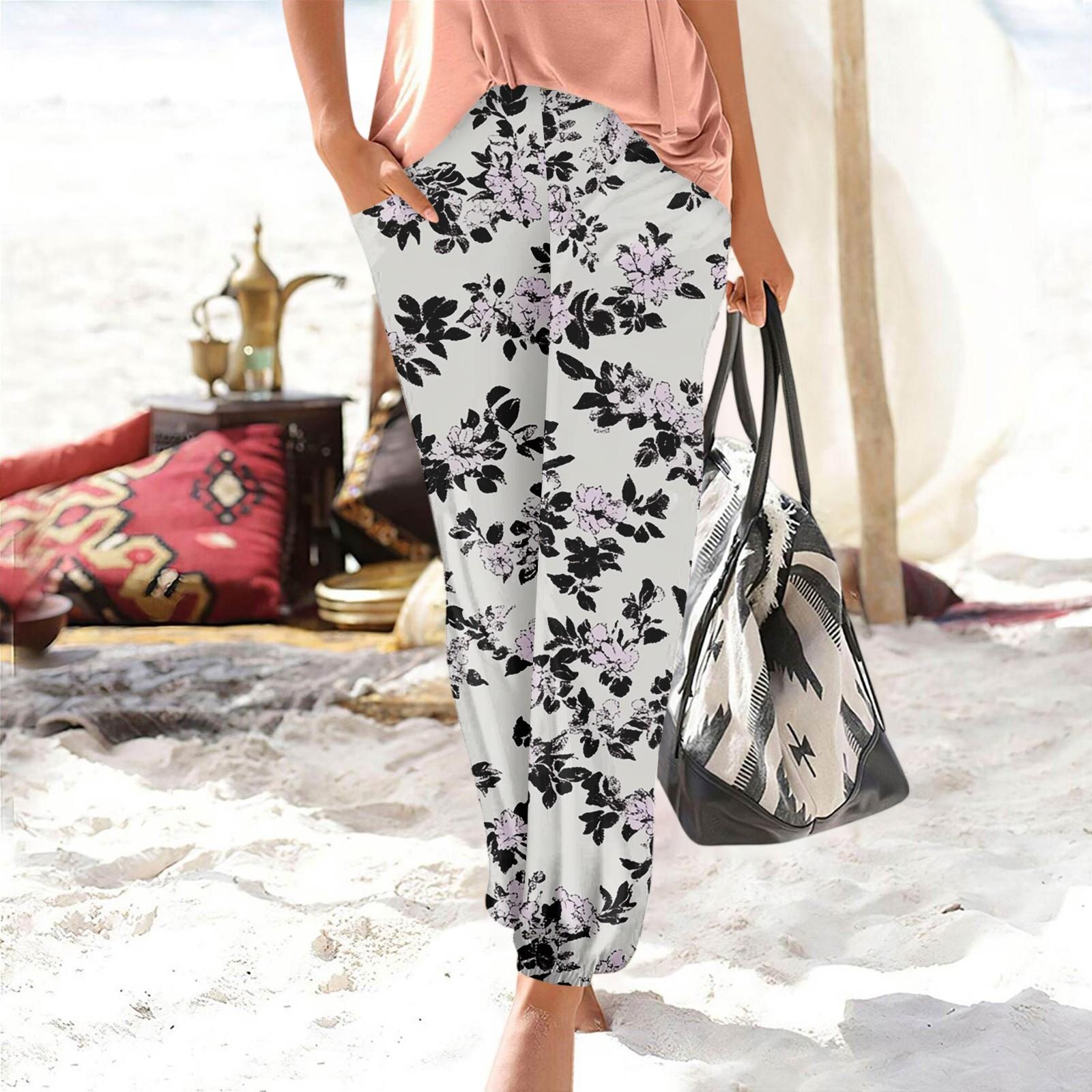 

Брюки для женщин, повседневные летние пляжные эластичные свободные брюки с принтом S