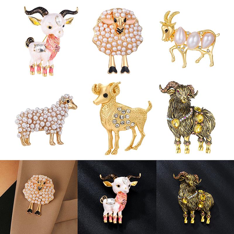 Elegant Sheep Goat Shaped Brooch Rhinestone Pearls Lapel Pin Animal Brooch Perfect For Daily Wear Party Dresses