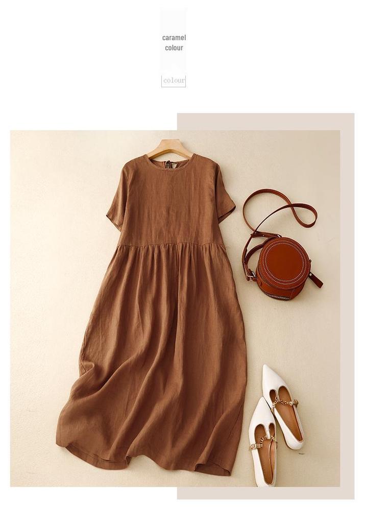 Elegant Summer 2026 Cotton Linen Dress - Artistic, Round Neck, Mid-Sleeve, Belted, Wide Hem