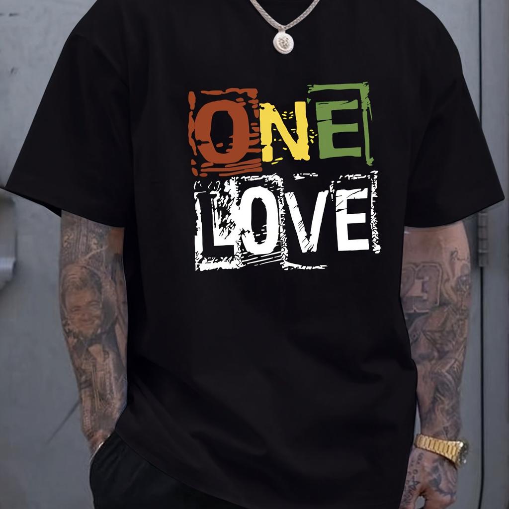 Unique One Love Letter Print Short Sleeve T-Shirt Comfy Slight Stretch Crew Neck Geometric Perfect for Casual Activities
