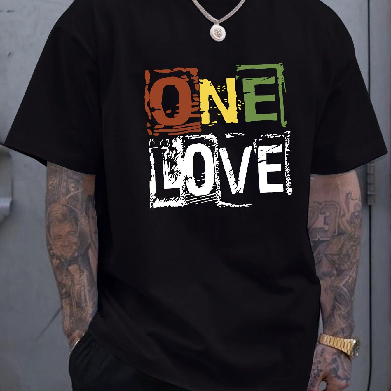 

Unique One Love Letter Print Short Sleeve T-Shirt Comfy Slight Stretch Crew Neck Geometric Perfect for Casual Activities S