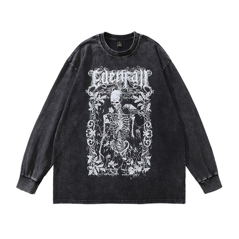 Skull Print Long-Sleeved T-Shirt High Street Trendy Brand Retro Washed Loose Cotton Vintage Top T-Shirt Men