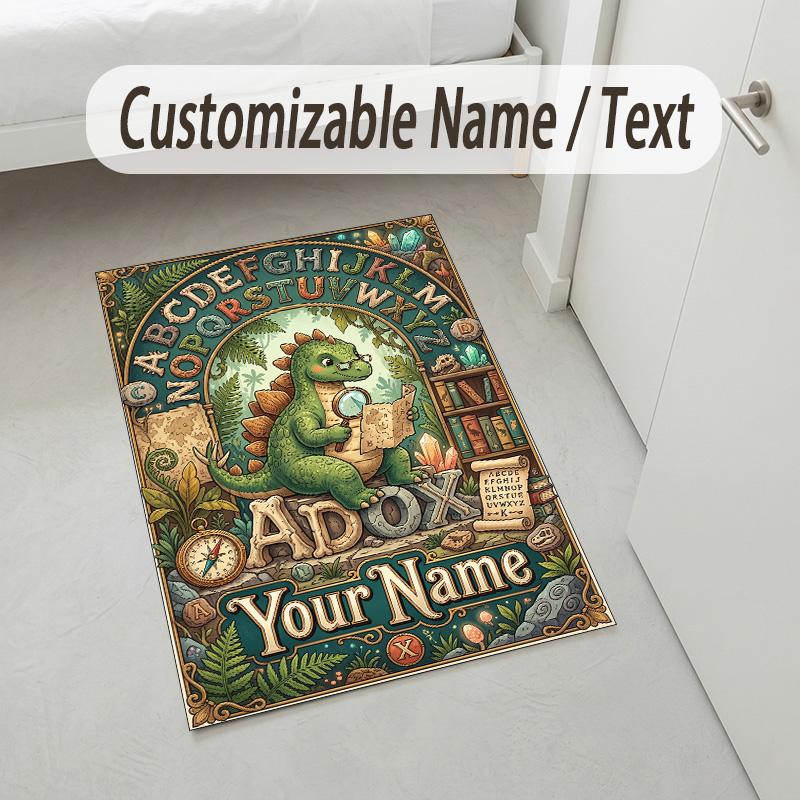 Dinosaur Theme Crystal Velvet Rug Personalized Custom Name Text Soft Floor Mat Home Decor