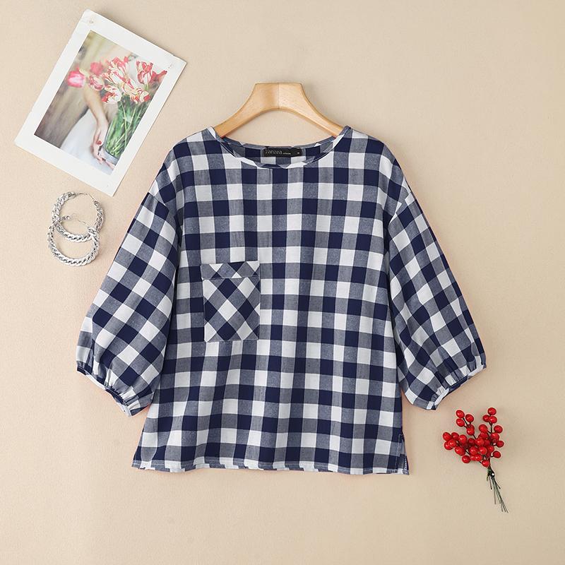 ZANZEA Women Loose Round Neck 3/4 Sleeve Casual Grid Print Blouse