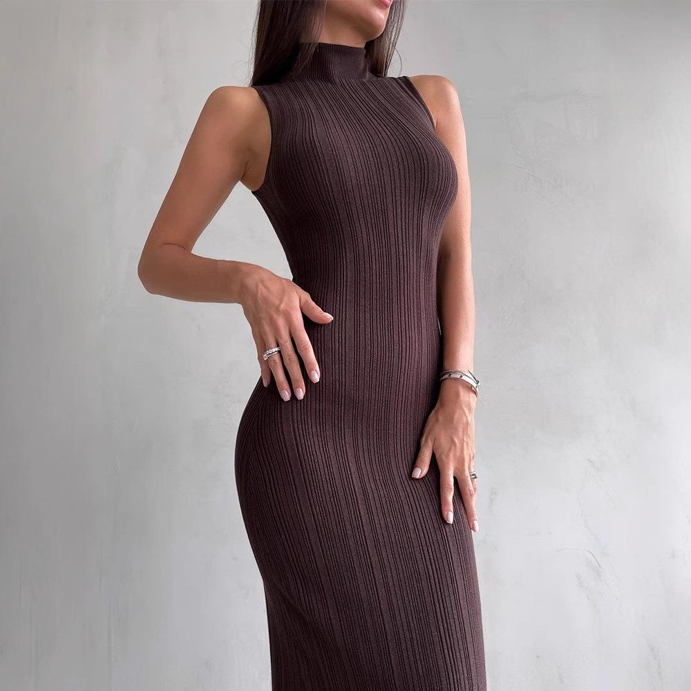 Sleeveless High Neck Slim Fit Long Dress In Light Brown, Available In Multiple Colors