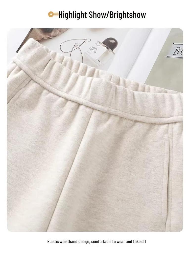 Women's Beige Cashmere Wool Blend Wide-Leg Pants with Fleece Lining - Autumn/Winter 2024 Collection