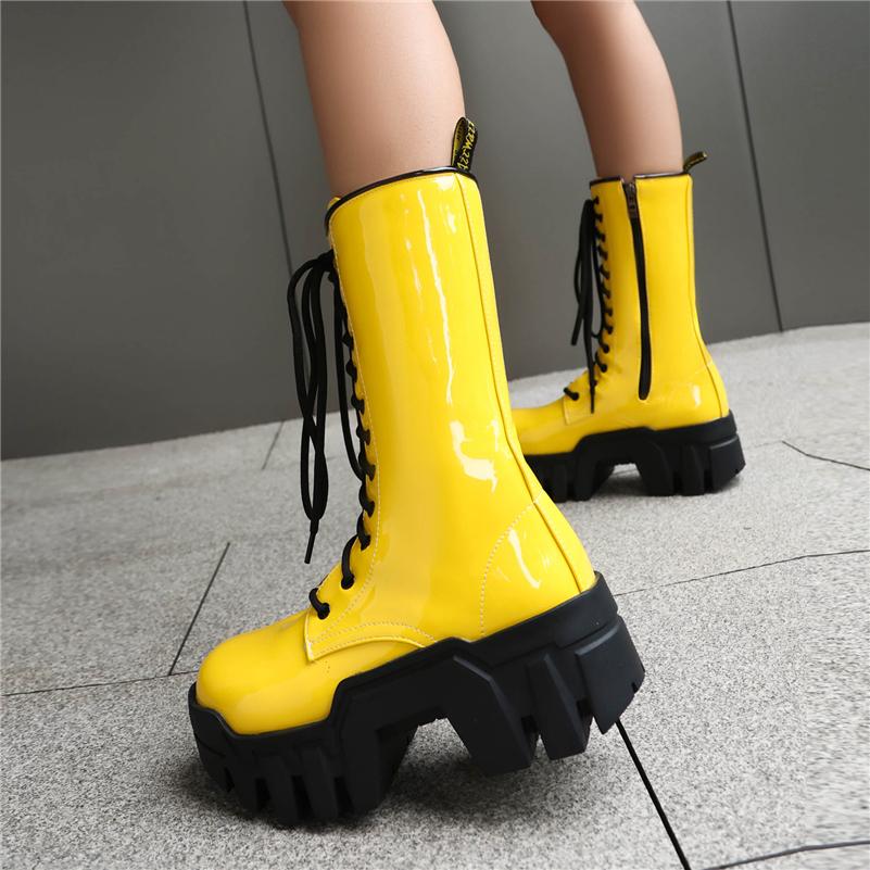 Meotina Women Ankle Boots Round Toe Chunky High Heels Lace-up Zipper Platform Short Boots Ladies Fashion Shoes Winter Yellow 44