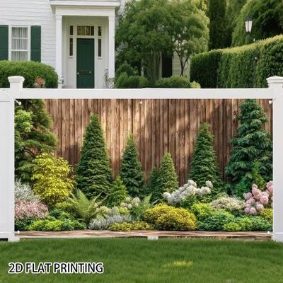 2D Rustic Timber Privacy Fence Layered Conifer Shrub Patio Photo Background