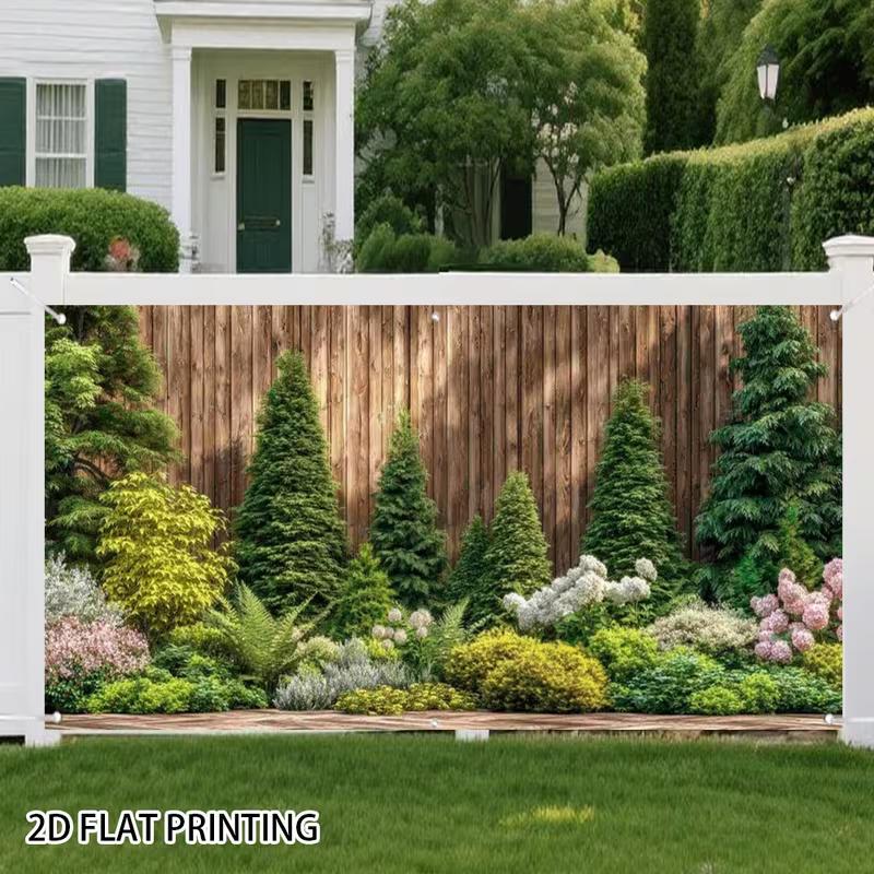 Recinzione Privacy in Legno Rustico 2D Strati di Arbusti Coniferi Sfondo Fotografico per Patio