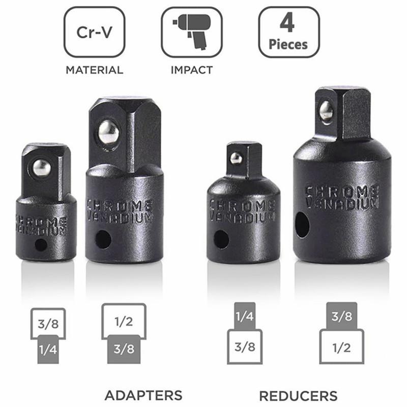 4PCS Impact Socket Adapter Reducer Set 1/2 3/8 1/4 Inch Use Wrenches Drills In Auto and Impact Driver Construction Work