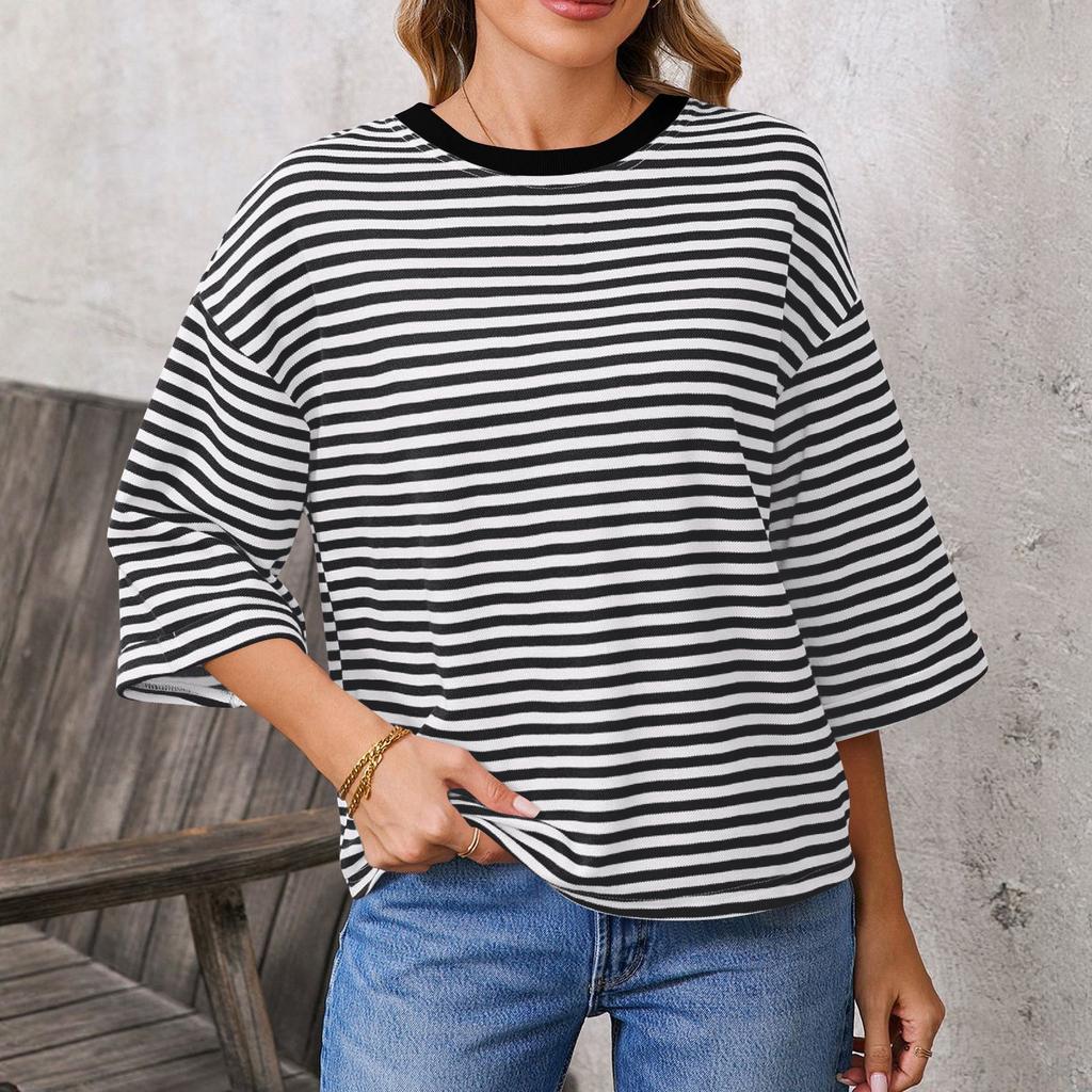 Damen Freizeit Pullover mit Streifen, Rundhalsausschnitt, Rückenausschnitt und Bindeband, Lockerer Schnitt, Modisches Oberteil für den täglichen Gebrauch