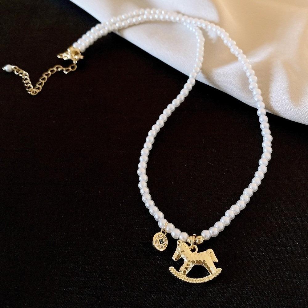 Pearl Zircon Horse Pendant Necklace Fashion Jewelry Trojans Earrings Cute Drop Earrings  For Girl