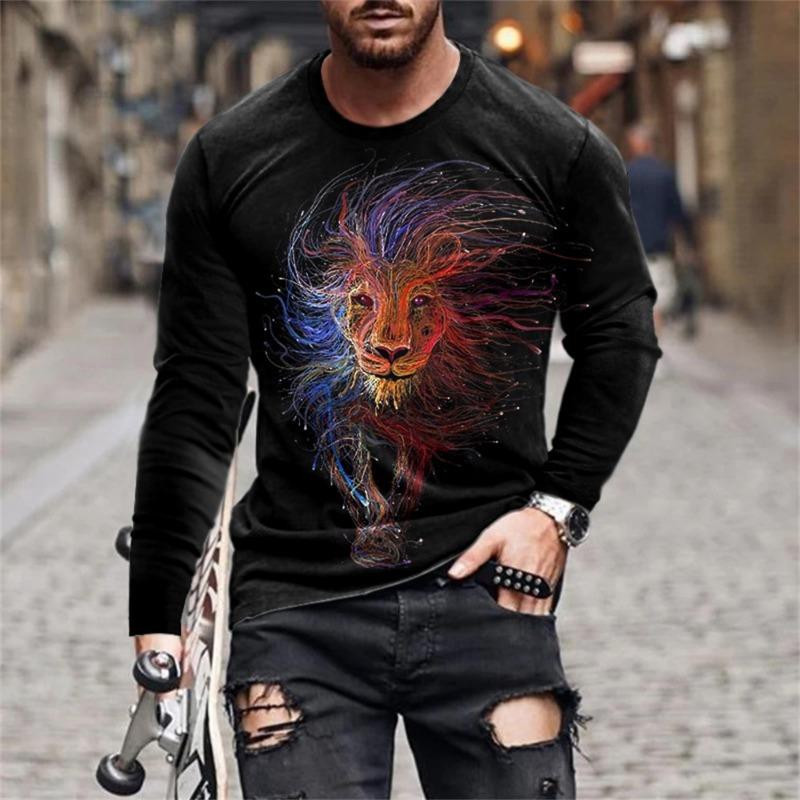 Funny 3D Lion Printed Long Sleeve T-shirt Fashion Animal Pattern Men's Tops Casual O-neck Oversized Pullover Autumn Men Clothing
