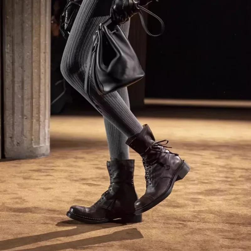 Fashion Luxury Genuine Leather Design Biker Boots Women 2025 Chunky Platform Ankle Boots for Women Lace Up Mid-calf Retro Knight Boots