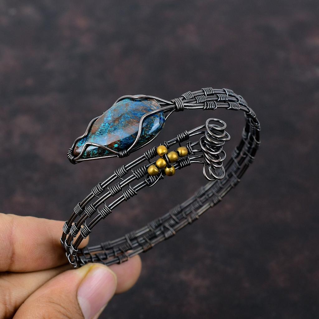 Shattuckite Bangle Copper Wire Wrapped Cuff Bracelet Handmade Brand New Bracelet Adjustable Bangle Gemstone Copper Wire Jewelry Wedding Gift