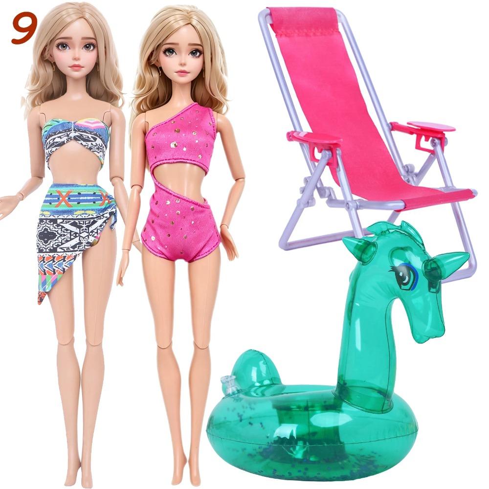 4 Przedmioty Akcesoria do Kostiumów Kąpielowych dla Lalki 2x Kostium Kąpielowy Bikini 1x Leżak Plażowy 1x Nadmuchiwany Koło do Pływania 30CM Ubranka dla Lalki 11,8 Calowa Zabawka Lalka