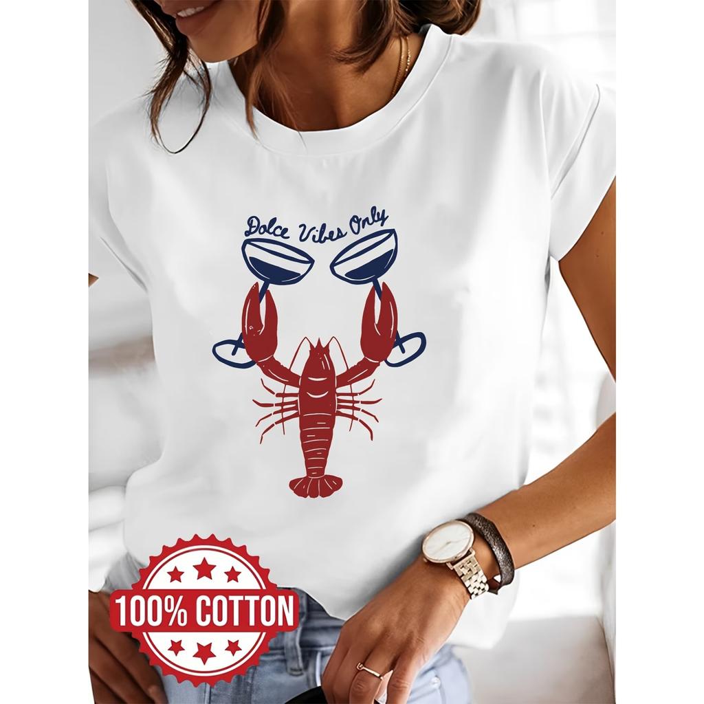 Women's Graphic T-Shirt - Red Lobster & "Dale Viles Only" Art Print, Casual Short Sleeve Round Neck Top for Spring/Summer, Cute T Shirts