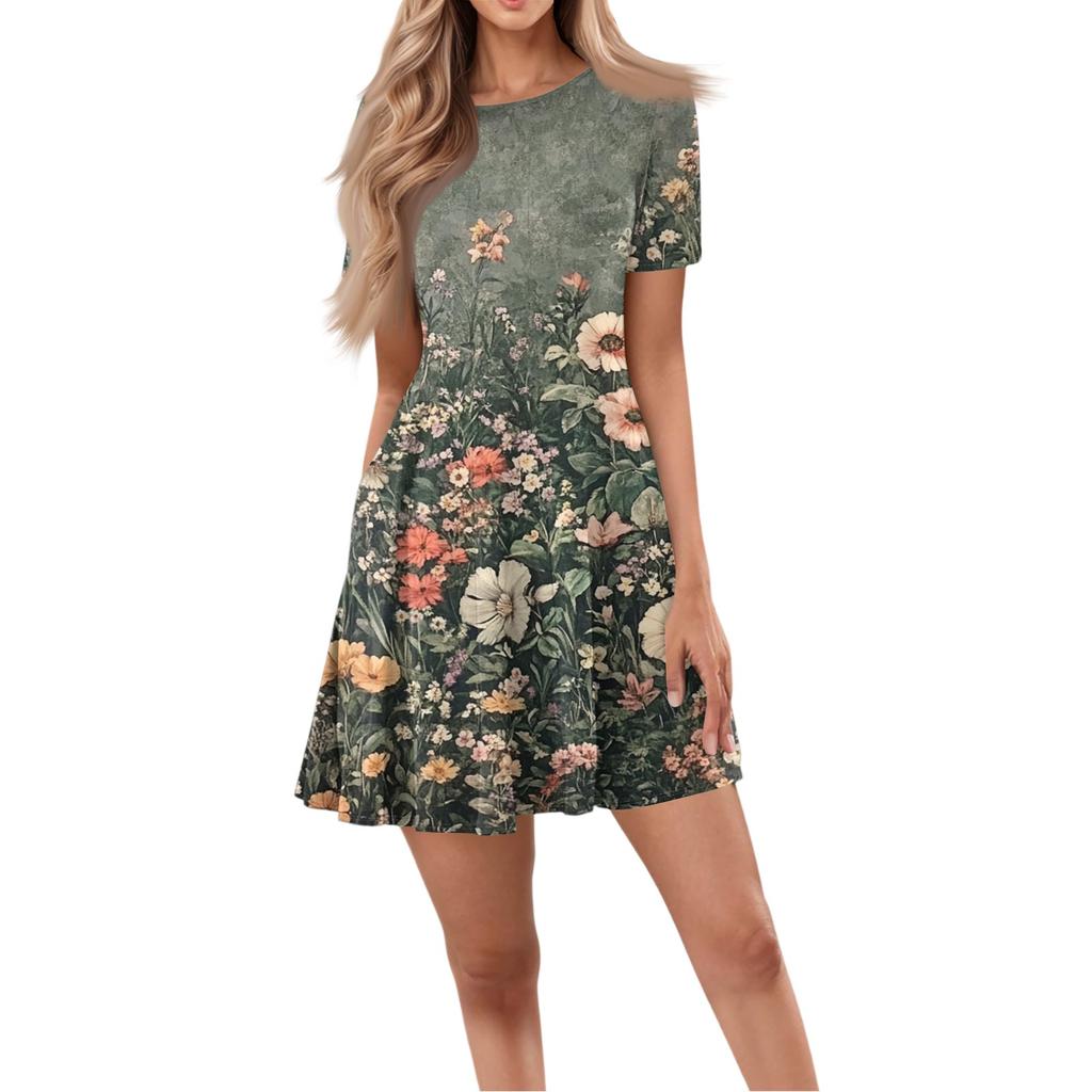 Women's Casual Fashion Round Neck Short Sleeve Floral Print Short Dress With Pockets