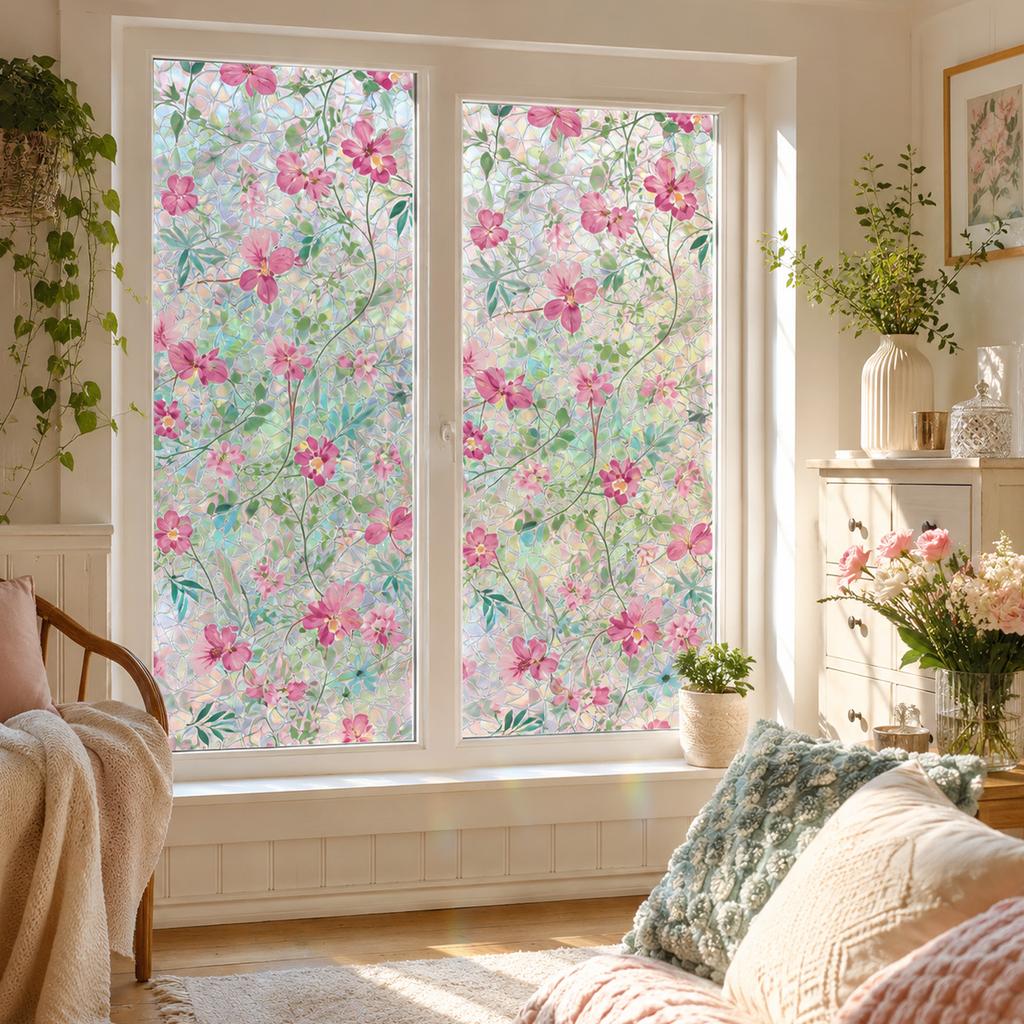 Colorful Floral Static Cling Window Film for Glass, Visible Both Sides, Wall Sticker Home Decor, 45*200 cm