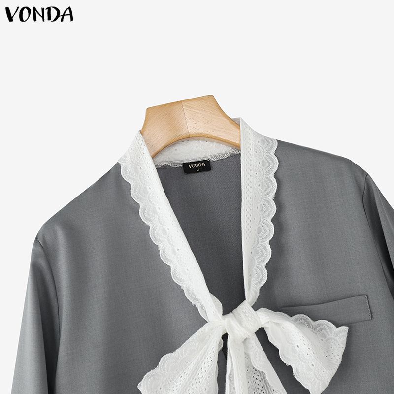 VONDA Women V-Neck Bow Lace Long Sleeve ButtonThin Cardigan Blazer