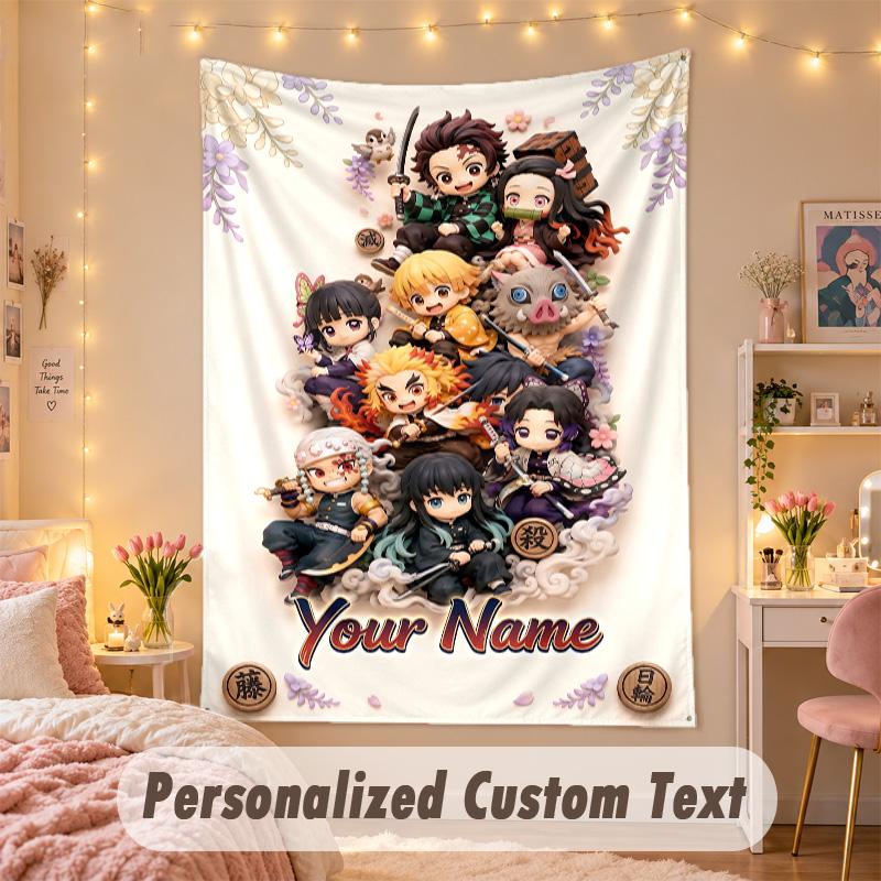 Custom Personalized Tapestry,Demon Slayer Print Custom Name Text Wall Art Hanging for Bedroom