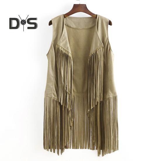 Women Cardigan Tassel Fringed Solid Color Open Stitch Vintage Western Cowboy Cosplay Hippie Sleeveless Stage Performance Role Play Lady Waistcoat