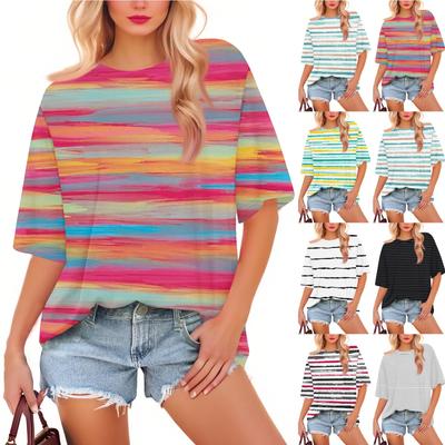 Women's Fashion Casual Gradient Color Loose Round Neck Short Sleeve Trendy Holiday T-shirt Top