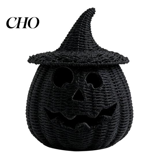 Bol à bonbons en résine noire Panier Citrouille d'Halloween, Lanterne Ornementale Tressée Fausse, Pot d'Éclairage d'Ambiance Mystérieuse Sinistre pour Décoration de Table de Chevet Cheminée