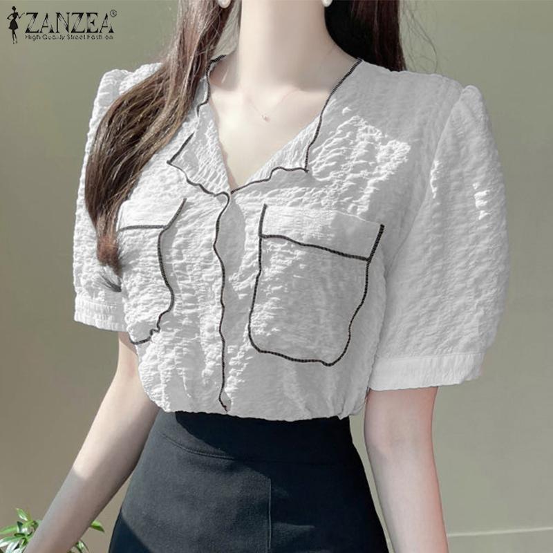 

ZANZEA Summer Женские рубашки с короткими рукавами-буфами