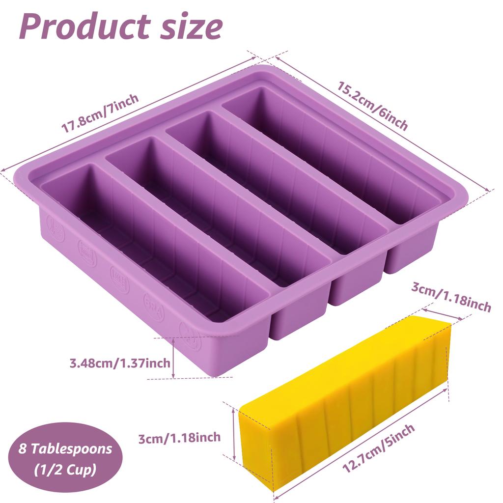2Pcs Silicone Butter Mold with Lid 4-Cavity Butter Tray Non-Stick Butter Containers Holds 8 Tablespoons for Energy Bars Brownies