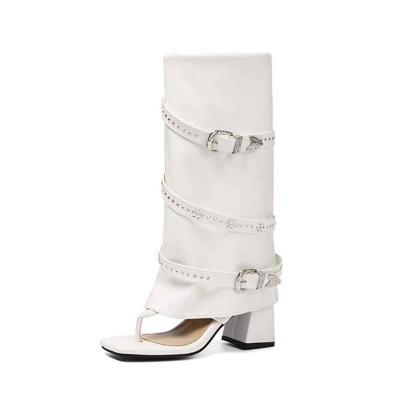 Plus Size Roman Clip Toe High Tube Women's Cool Boots Thin Strap Decal Belt Buckle Zipper Ultra Thick Heel Hollow Sexy Sandals