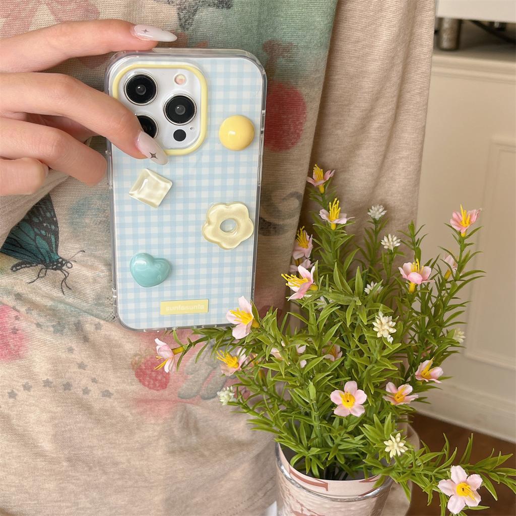 Cute Cartoon blue tartan 3D Cream Clear Phone Case For iPhone 16 15 14 13 Pro Max Bead love Soft Cover