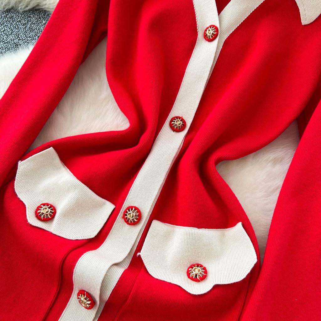 Women's French Retro Color Clashing Lapel Single-breasted Waist Temperament Split Knee-length Knit Dress