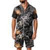 Men's Halloween Pajama Set Short Sleeve Striped Plaid Print Satin Two Piece with Pockets Loose Fit Sleepwear