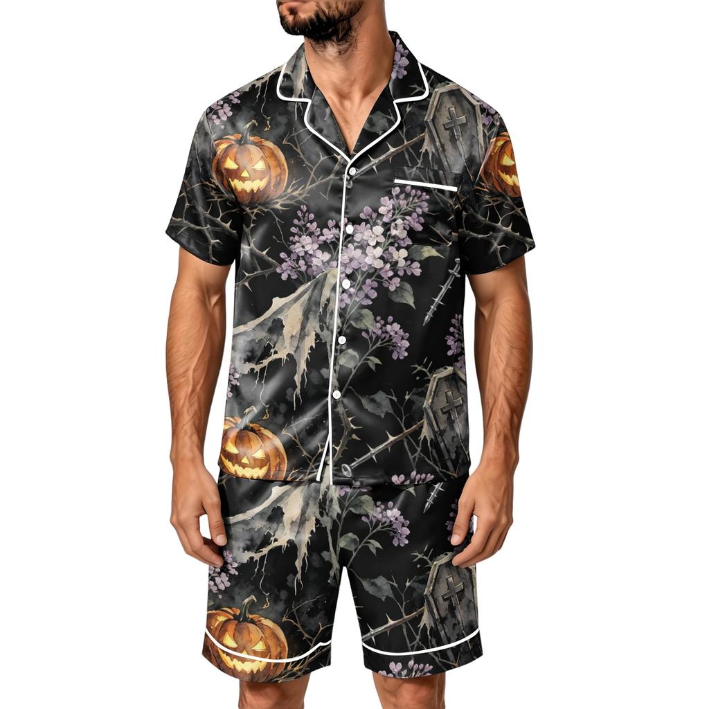 Men's Halloween Pajama Set Short Sleeve Striped Plaid Print Satin Two Piece with Pockets Loose Fit Sleepwear