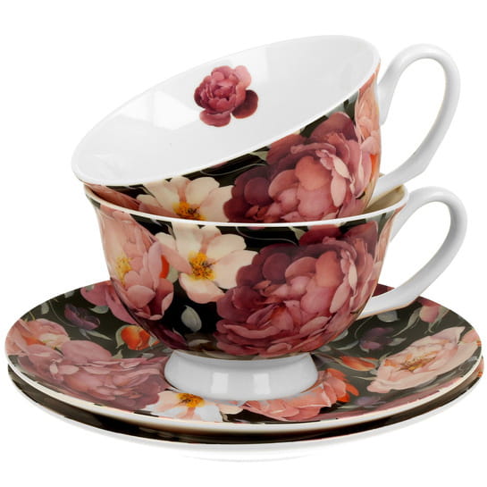 Set of 2 Spring Rose Black cups and saucers