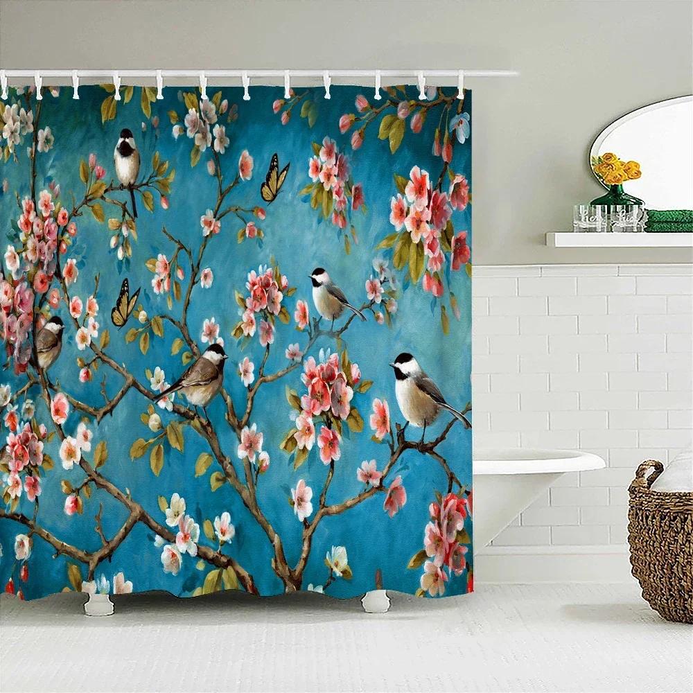 Duschvorhänge im chinesischen Stil mit Blumen und Vögeln, wasserdicht, Badezimmervorhang, 3D-bedruckter Stoff mit Haken, Dekoration, Duschvorhang