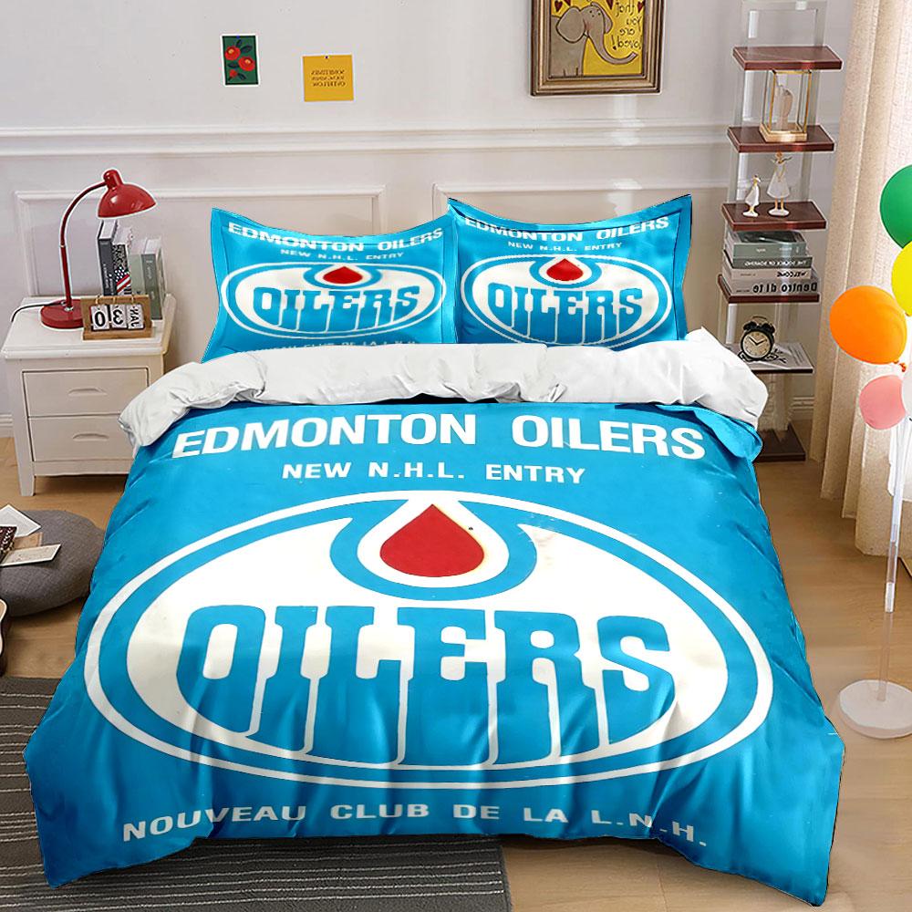 Edmonton Oilers Blue and White Logo Design Print Bedding Set Duvet Cover Pillowcases (1* Duvet Cover 2* Pillowcases Do Not Include Comforter)