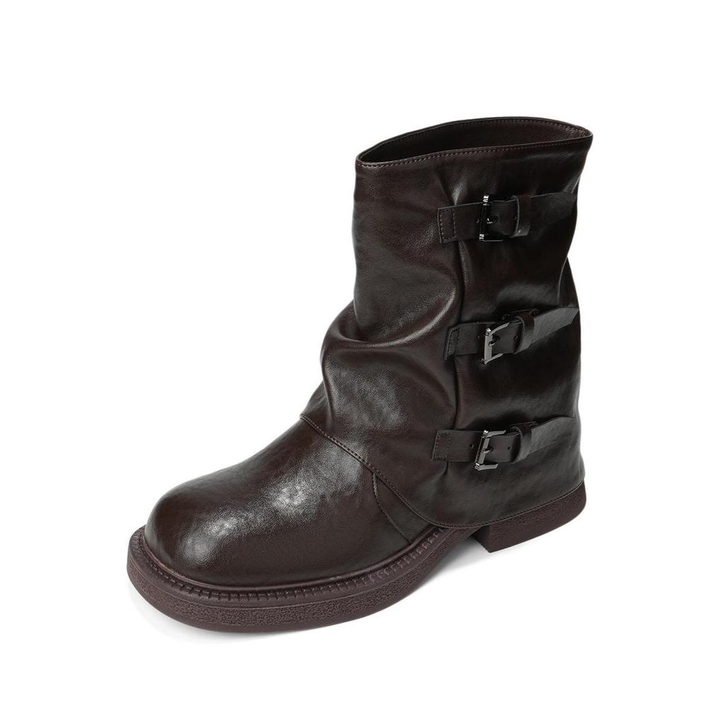 Women's Short Boots - 2025 Autumn/Winter Style: Buckle, Ruched, Thick Sole, Round Toe, Retro, Versatile, Stacked Design.