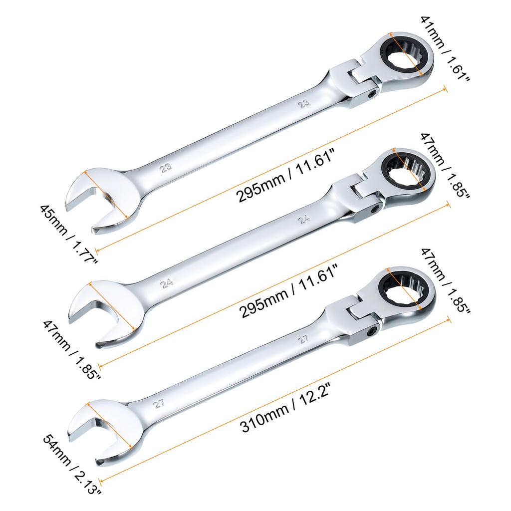 uxcell Flex Head Ratchet Rotating Metric Ratchet Combination 72 Chrome Vanadium for and Bolts 3-Piece Wrench, 23/24/27mm, 180° Head, Wrench, Teeth,