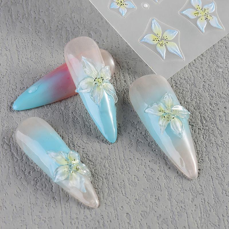 1Sheet Pink Lily Flower Nail Sticker Relief 3D Jelly Five Petal Flower Nail Art Decoration Decals Diy Selfadhesive Sliders