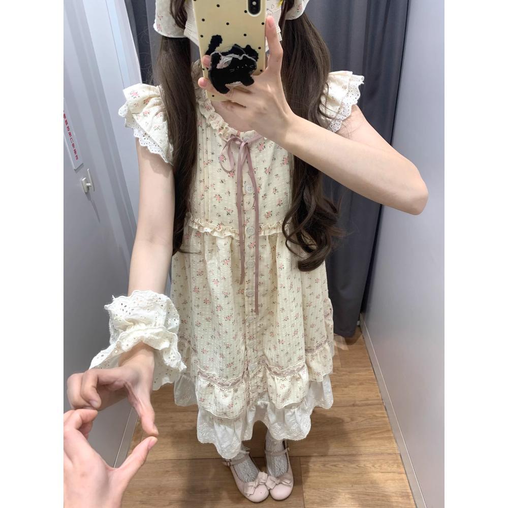 First love ballet style small flying sleeves floral dress female summer sweet small loose and thin fairy cake short skirt