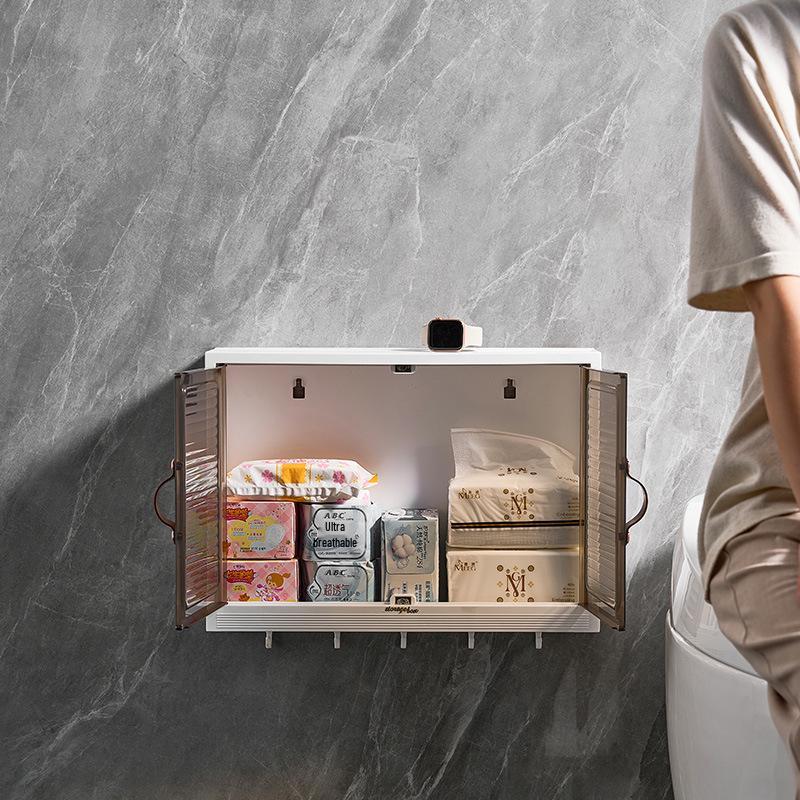 Wall-Mounted Punch-Free Bathroom Storage Rack with Dustproof Box for Washstand & Toilet