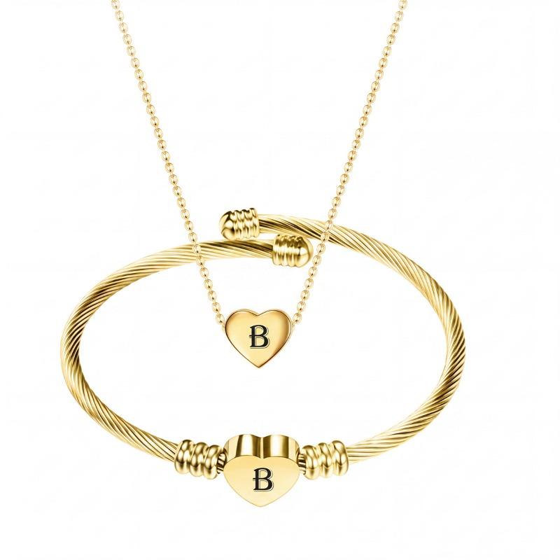 Diy 26 Letters Fadeless Stainless Steel Heart Pendant Necklace Bracelet Set For Women