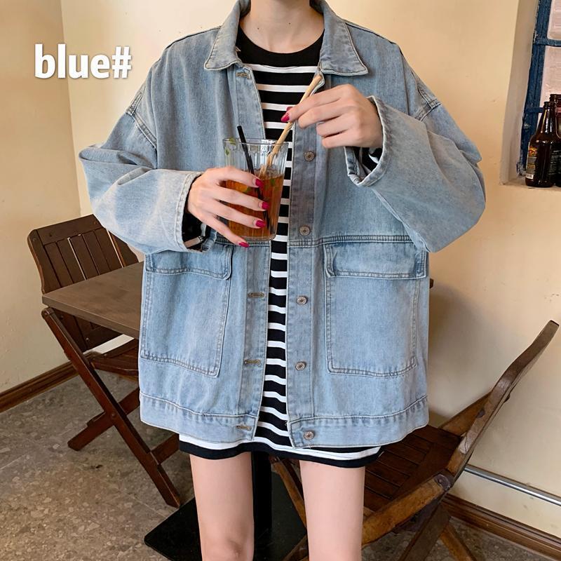 

Свободная и облегающая джинсовая куртка в корейском стиле для женщин - весна/осень, длинный рукав, универсальная студенческая мода. Extra Large синий