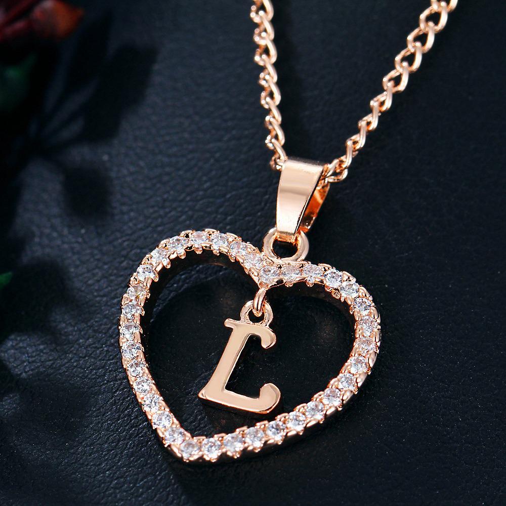 Heart Pendant Zircon Letter Necklace - 26 Letters Available
